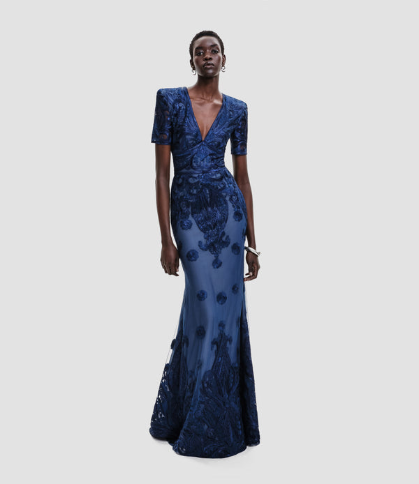 Naeem Khan EMBROIDERED V-NECK FIT-AND-FLARE GOWN WITH SHORT SLEEVES