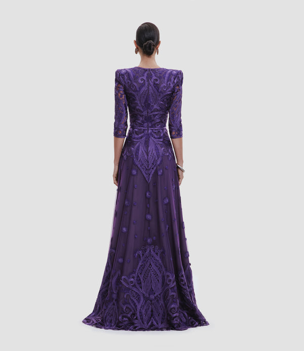 Naeem Khan EMBROIDERED V-NECK FULL SKIRT GOWN WITH THREE-QUARTER SLEEVES