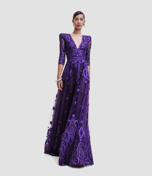 naeem khan EMBROIDERED V-NECK FULL SKIRT GOWN WITH THREE-QUARTER SLEEVES