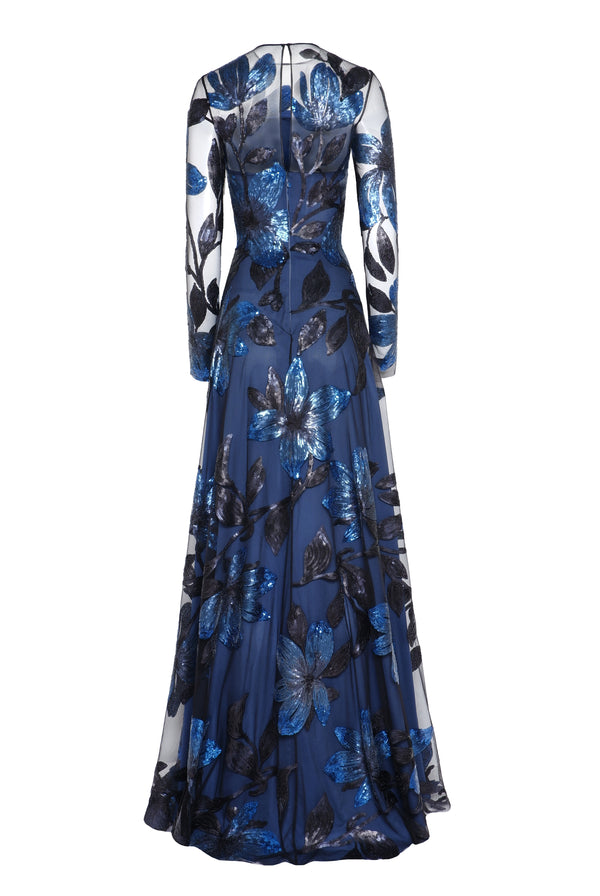 Naeem Khan Floral Applique Long Sleeve Crew Neck Gown