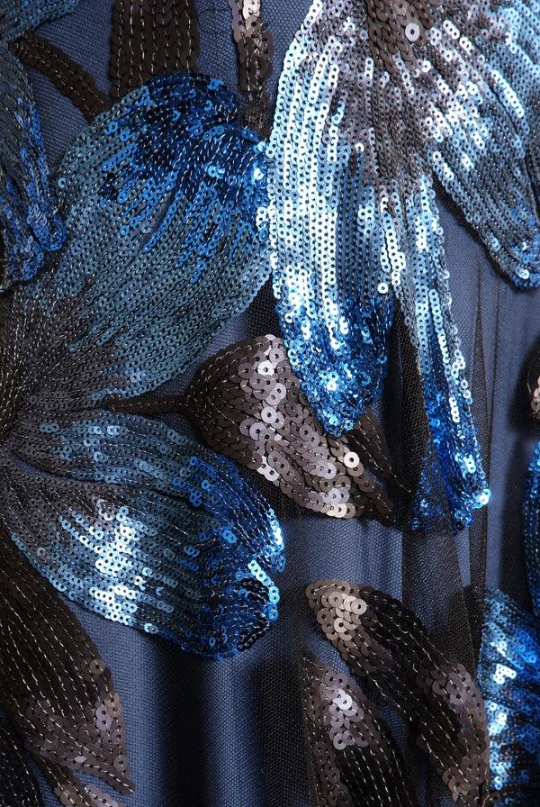 Naeem Khan Floral Applique Long Sleeve Crew Neck Gown