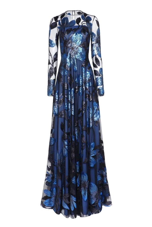 Naeem Khan Floral Applique Long Sleeve Crew Neck Gown