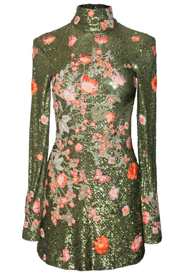 Naeem Khan Floral Applique Sequin Long Sleeve Mock Neck Dress