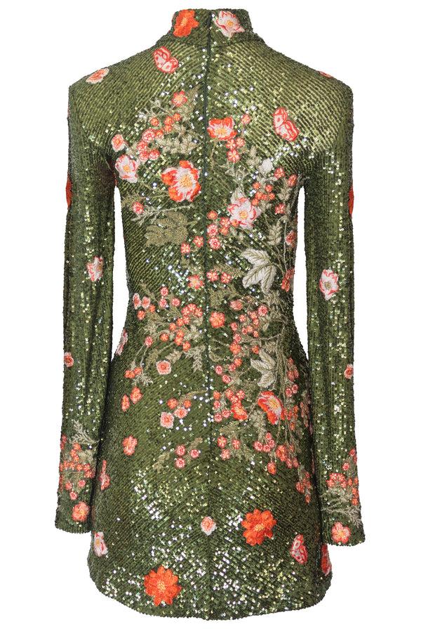 Naeem Khan Floral Applique Sequin Long Sleeve Mock Neck Dress