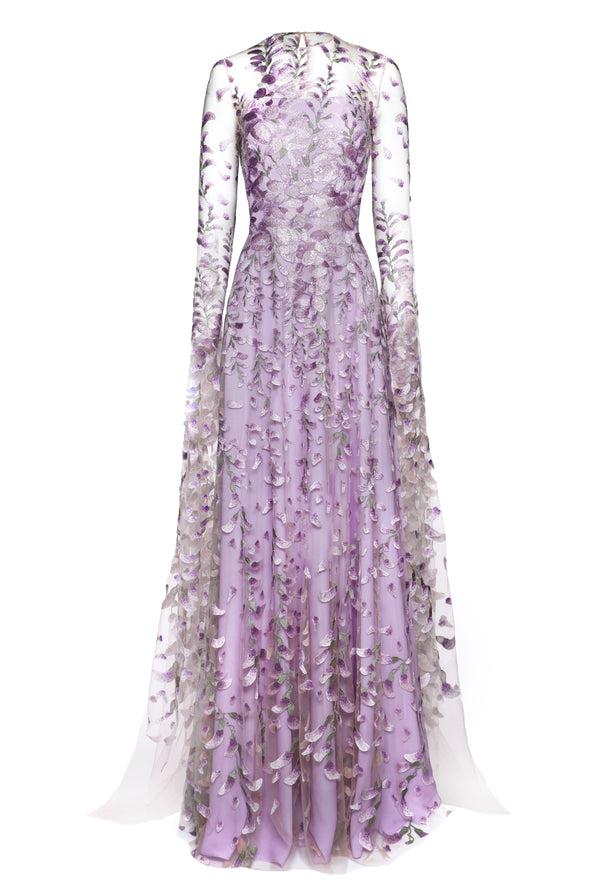 Naeem Khan FLORAL FIT AND FLARE GOWN WITH CASCADING SLEEVES