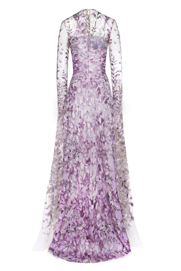 Naeem Khan FLORAL FIT AND FLARE GOWN WITH CASCADING SLEEVES