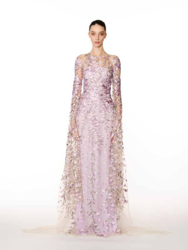 naeem khan FLORAL FIT AND FLARE GOWN WITH CASCADING SLEEVES
