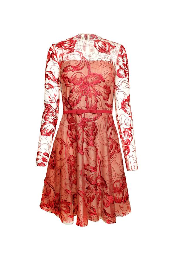 naeem khan FLORAL JEWEL NECK DRESS WITH LONG SLEEVES