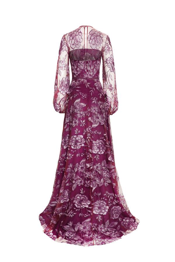 Naeem Khan FLORAL JEWEL NECK GOWN WITH FULL SLEEVES