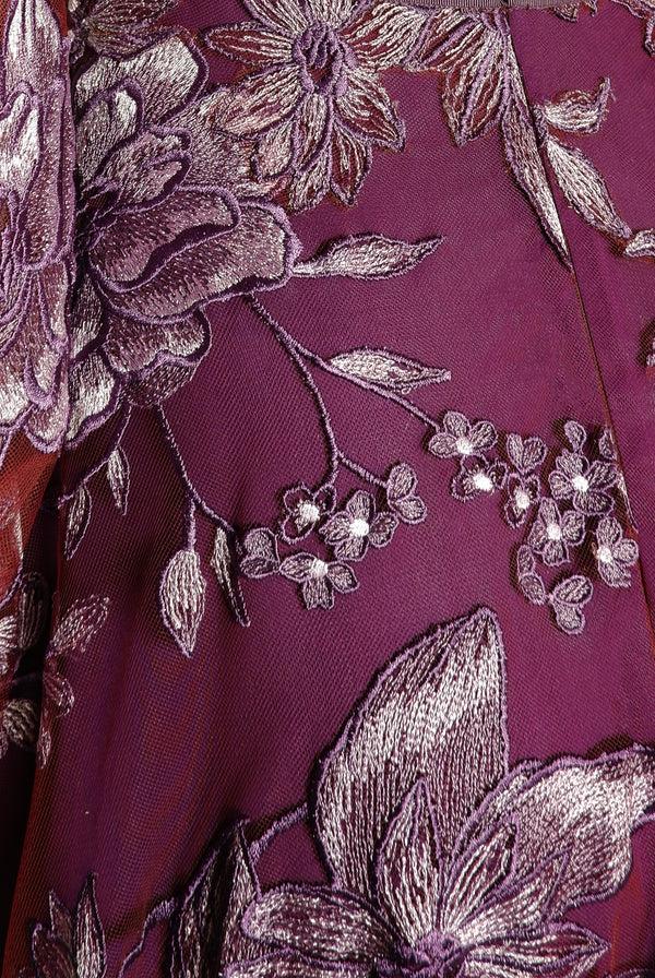 Naeem Khan FLORAL JEWEL NECK GOWN WITH FULL SLEEVES