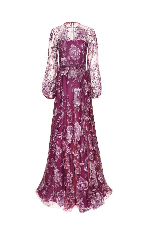 naeem khan FLORAL JEWEL NECK GOWN WITH FULL SLEEVES