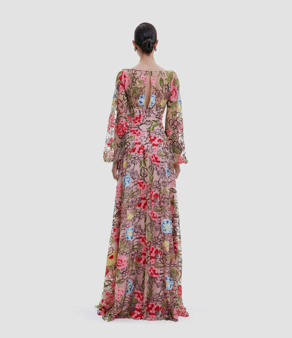 Naeem Khan FLORAL LACE BOAT NECK GOWN WITH FULL SLEEVES