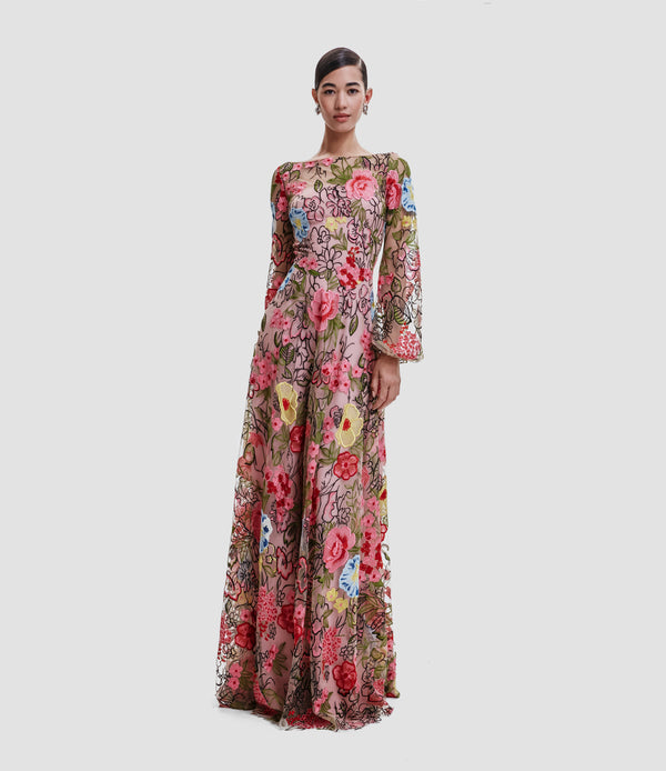 naeem khan FLORAL LACE BOAT NECK GOWN WITH FULL SLEEVES