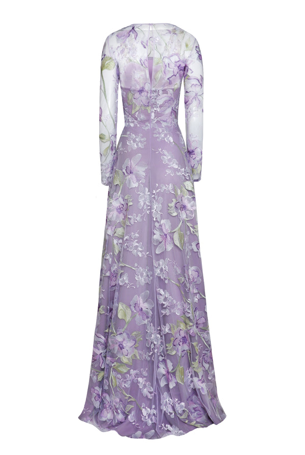 Naeem Khan Floral Long Sleeve Illusion Neckline Gown