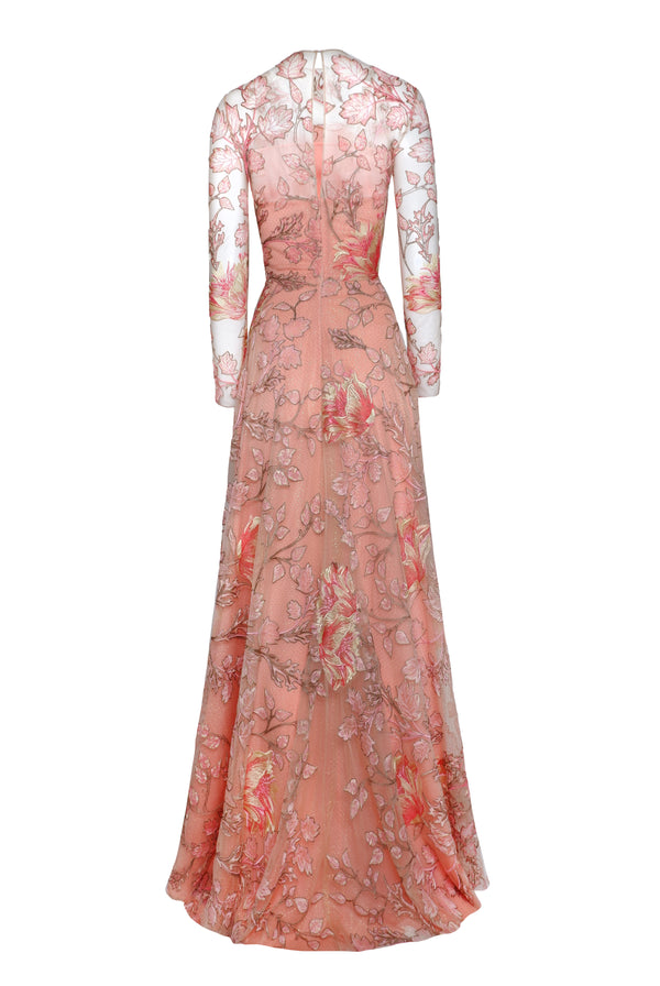 Naeem Khan Floral Long Sleeve Illusion Neckline Gown