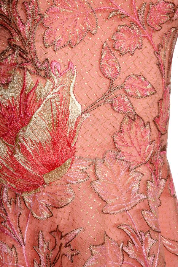 Naeem Khan Floral Long Sleeve Illusion Neckline Gown