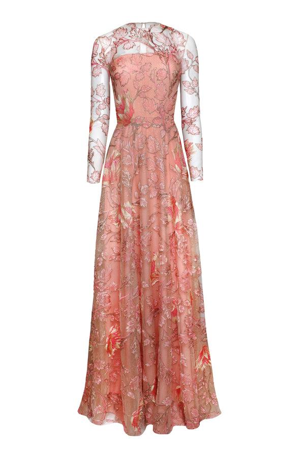 Naeem Khan Floral Long Sleeve Illusion Neckline Gown