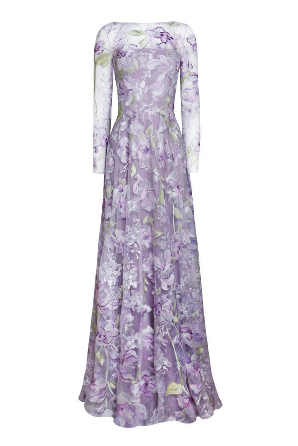 naeem khan Floral Long Sleeve Illusion Neckline Gown