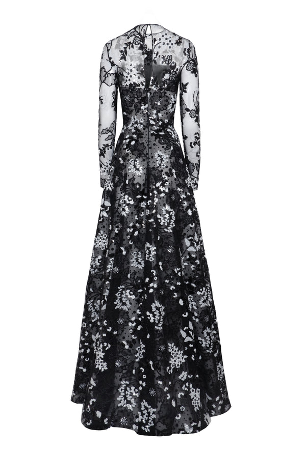Naeem Khan Floral Long Sleeve Illusion Neckline Sequin Gown