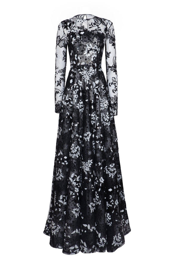naeem khan Floral Long Sleeve Illusion Neckline Sequin Gown