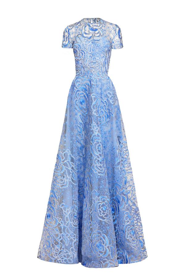 Naeem Khan FLORAL RAFFIA JEWEL NECK FULL SKIRT GOWN WITH CAP SLEEVES