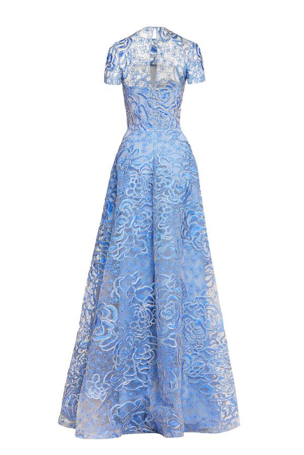 Naeem Khan FLORAL RAFFIA JEWEL NECK FULL SKIRT GOWN WITH CAP SLEEVES