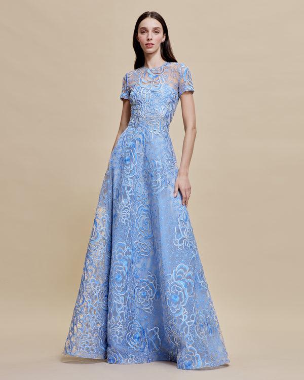 naeem khan FLORAL RAFFIA JEWEL NECK FULL SKIRT GOWN WITH CAP SLEEVES