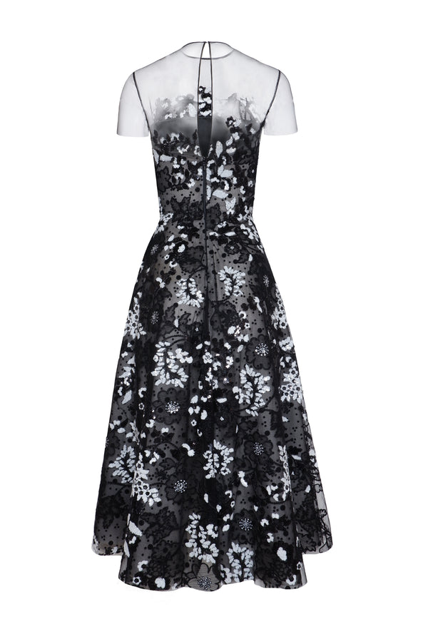 Naeem Khan Floral Short Sleeve Illusion Neckline Cocktail Dress
