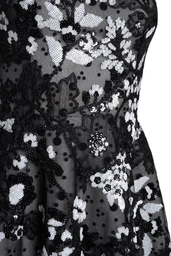 Naeem Khan Floral Short Sleeve Illusion Neckline Cocktail Dress