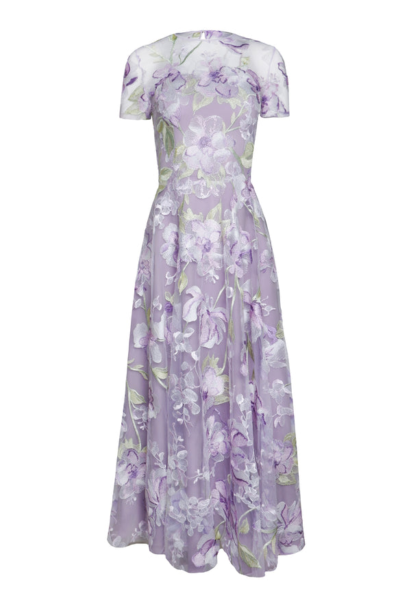 naeem khan Floral Short Sleeve Illusion Neckline Cocktail Dress