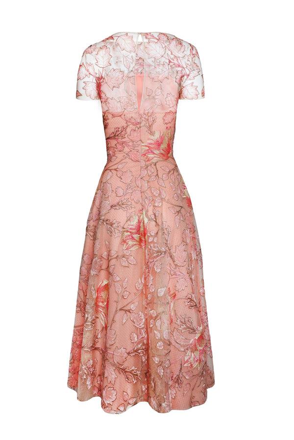 Naeem Khan Floral Short Sleeve Illusion Neckline Cocktail Dress