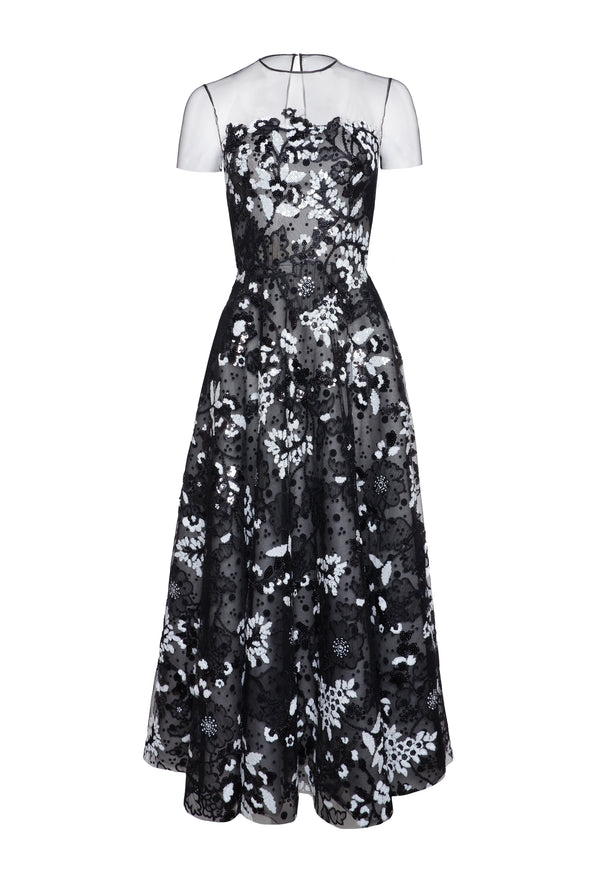 naeem khan Floral Short Sleeve Illusion Neckline Cocktail Dress