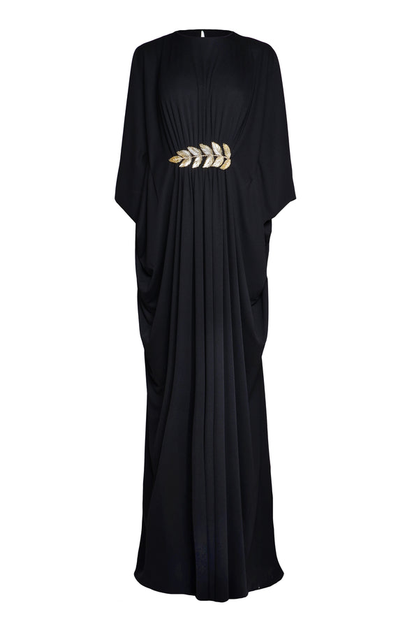 Naeem Khan GATHERED CAFTAN WITH EMBROIDERED LEAF DETAIL