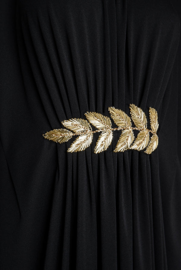 Naeem Khan GATHERED CAFTAN WITH EMBROIDERED LEAF DETAIL