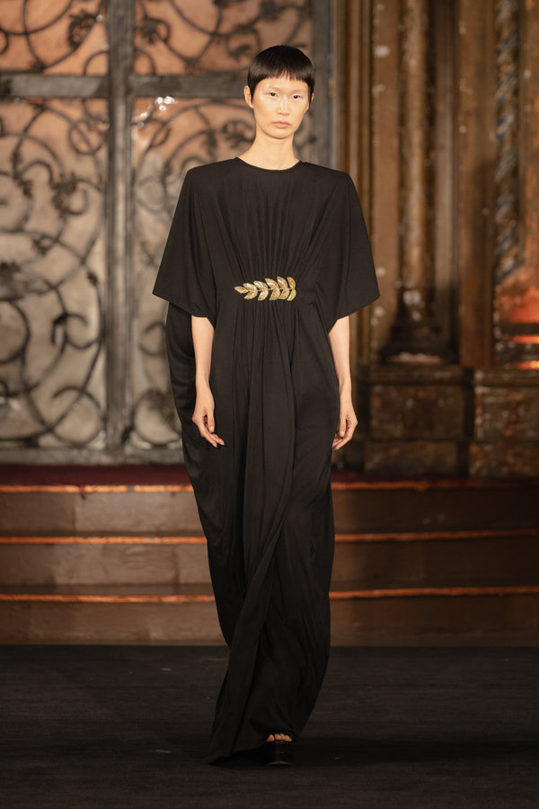 naeem khan GATHERED CAFTAN WITH EMBROIDERED LEAF DETAIL