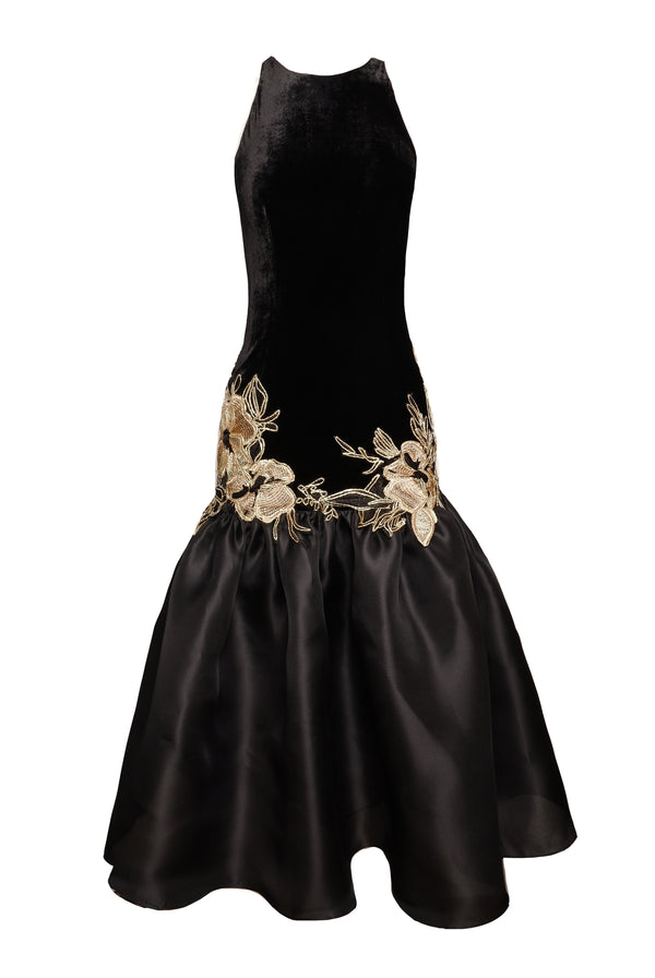 Naeem Khan HALTER DROP WAIST DRESS WITH FLORAL APPLIQUE