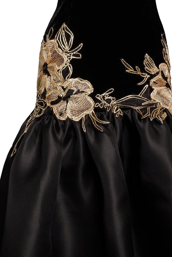 Naeem Khan HALTER DROP WAIST DRESS WITH FLORAL APPLIQUE
