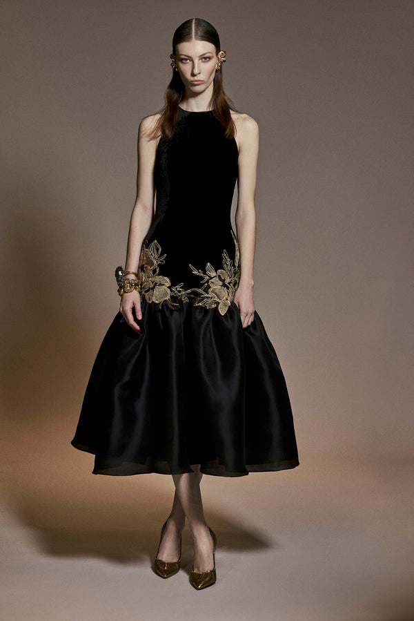 naeem khan HALTER DROP WAIST DRESS WITH FLORAL APPLIQUE