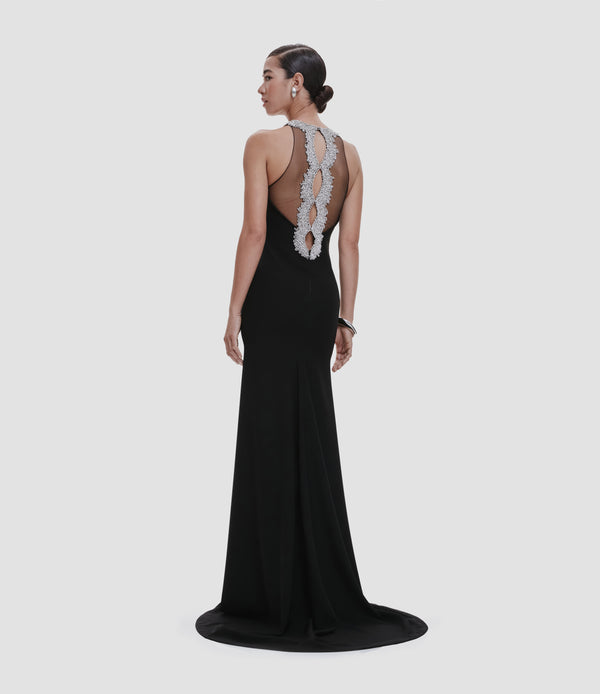 Naeem Khan HALTER FIT-AND-FLARE GOWN WITH EMBELLISHED BACK