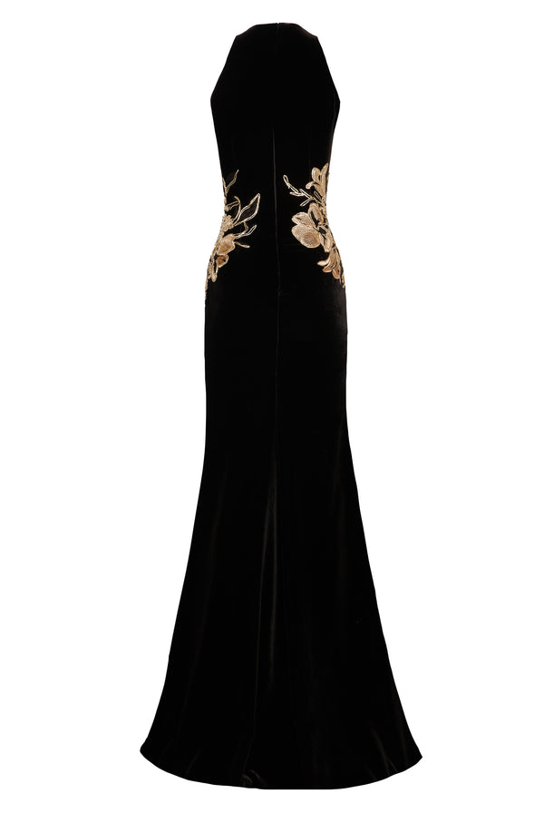 Naeem Khan HALTER FIT-AND-FLARE GOWN WITH FLORAL APPLIQUE