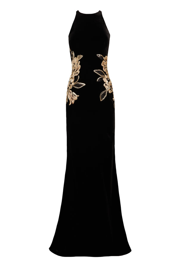 naeem khan HALTER FIT-AND-FLARE GOWN WITH FLORAL APPLIQUE