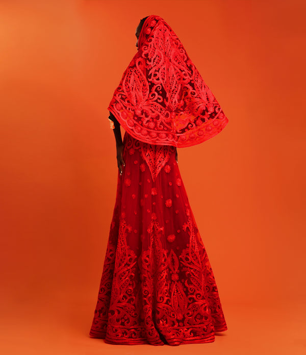 Naeem Khan HOODED V-NECK SLEEVELESS RIBBON EMBROIDERED GOWN