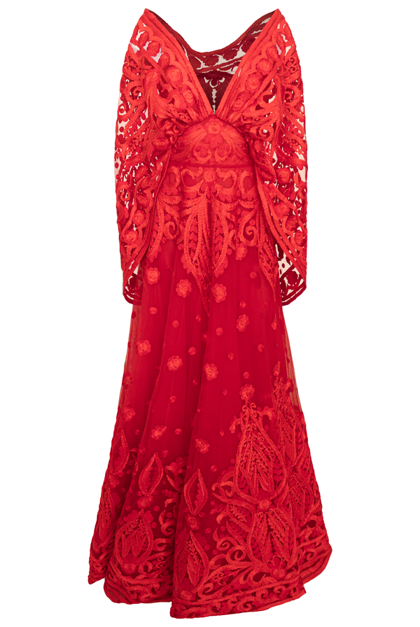 Naeem Khan HOODED V-NECK SLEEVELESS RIBBON EMBROIDERED GOWN
