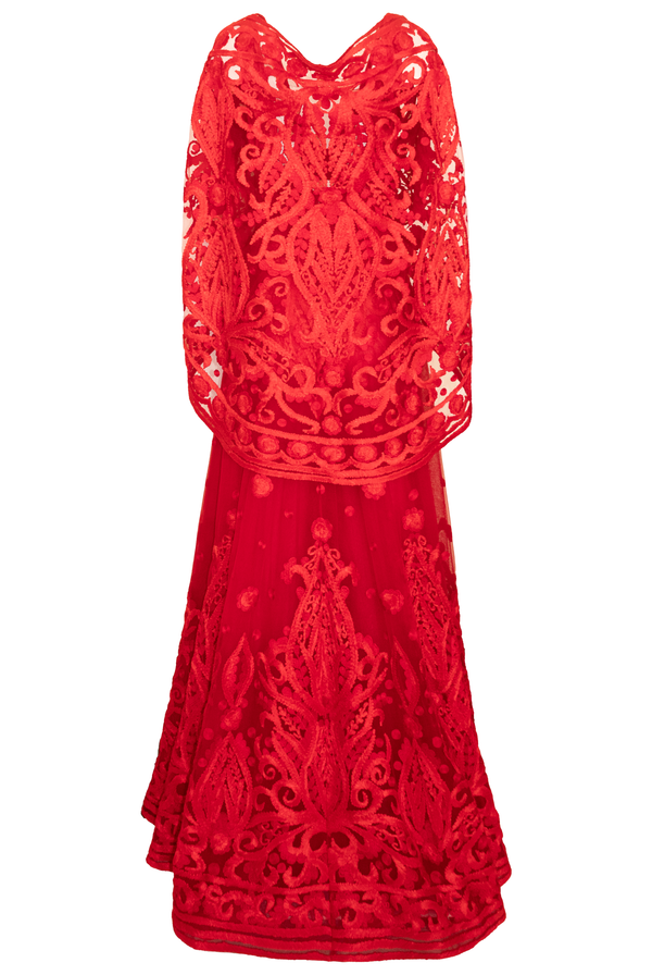 Naeem Khan HOODED V-NECK SLEEVELESS RIBBON EMBROIDERED GOWN