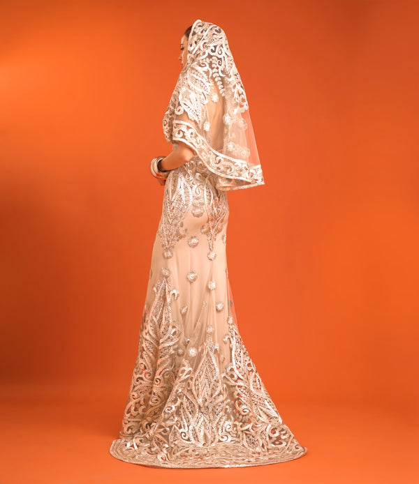 Naeem Khan HOODED V-NECK SLEEVELESS RIBBON EMBROIDERED GOWN