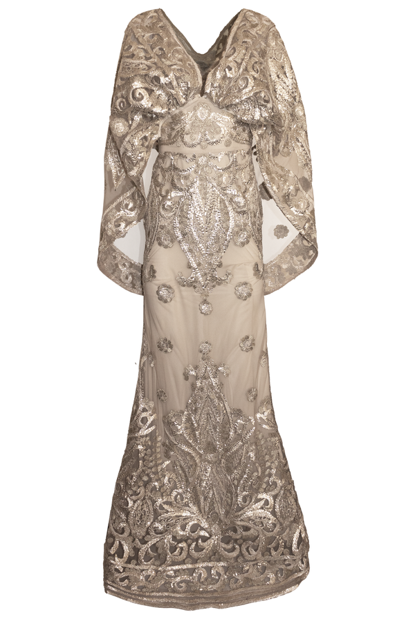 Naeem Khan HOODED V-NECK SLEEVELESS RIBBON EMBROIDERED GOWN
