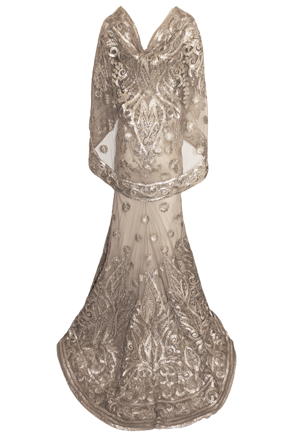 Naeem Khan HOODED V-NECK SLEEVELESS RIBBON EMBROIDERED GOWN