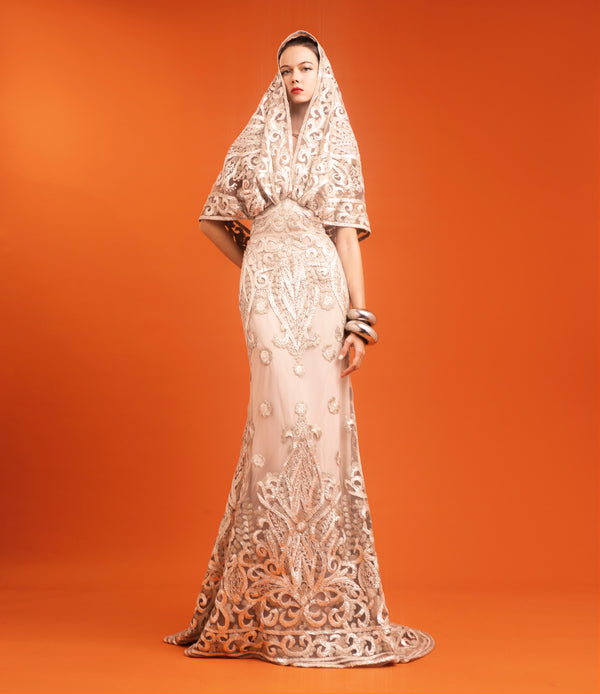 naeem khan HOODED V-NECK SLEEVELESS RIBBON EMBROIDERED GOWN