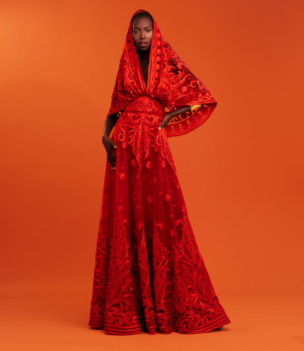 naeem khan HOODED V-NECK SLEEVELESS RIBBON EMBROIDERED GOWN