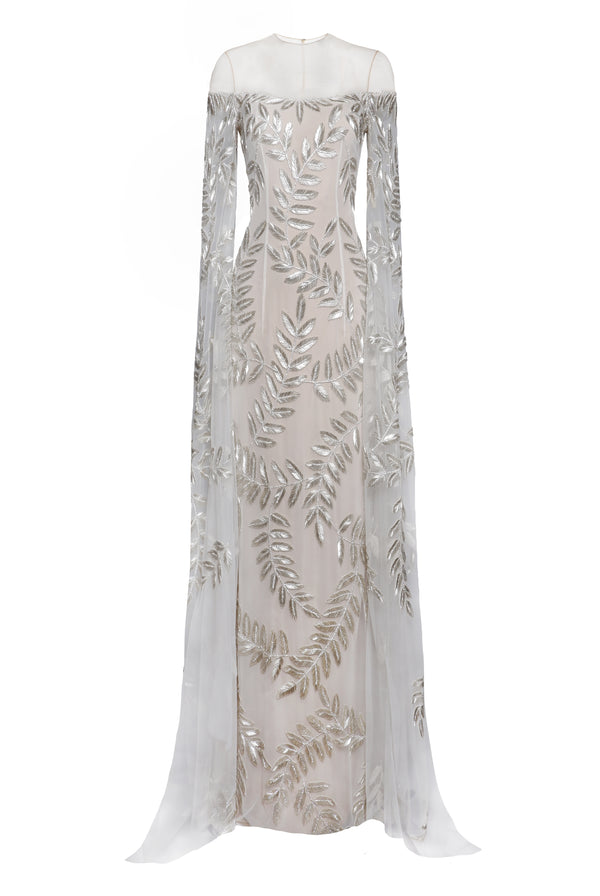 Naeem Khan ILLUSION NECKLINE FIT AND FLARE GOWN W/ CASCADING SLEEVES